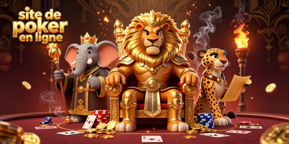 Regarde le site de poker en ligne avec des personnages de jeu au poker animés dans une illustration dynamique.