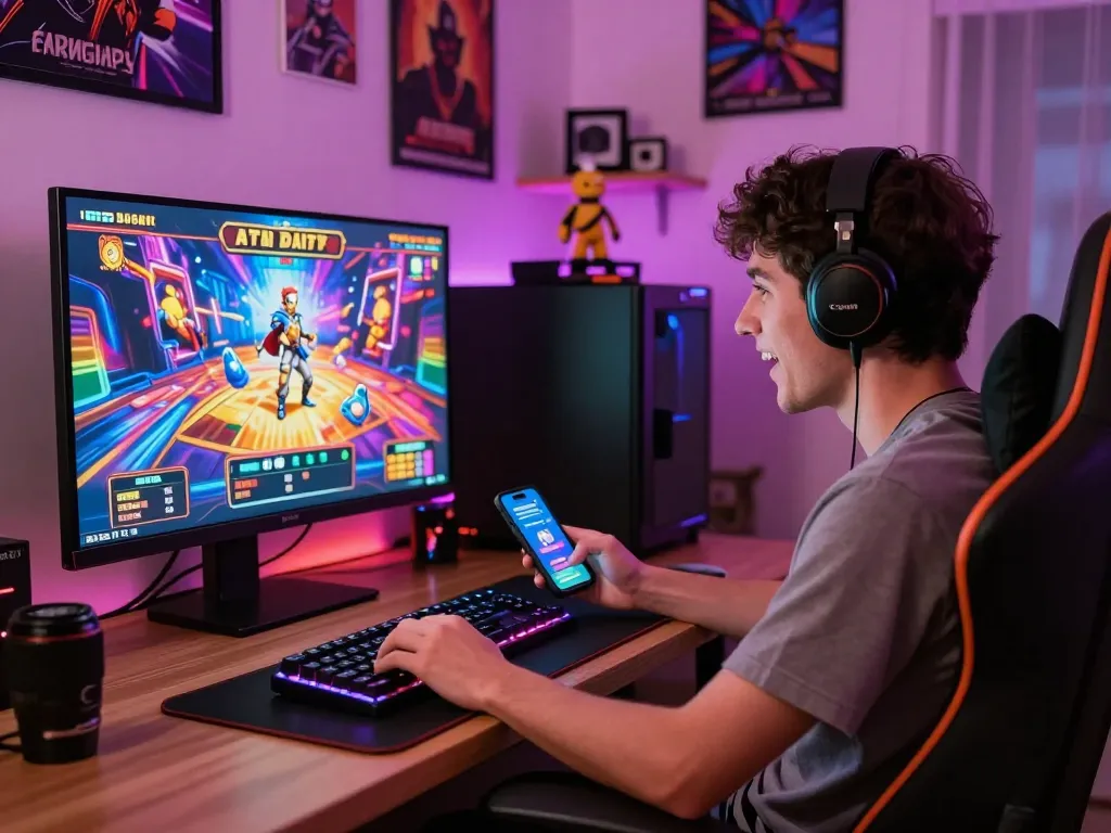 Engaged gamer enjoying popotogel slot games on a colorful screen, showcasing excitement and technology.
