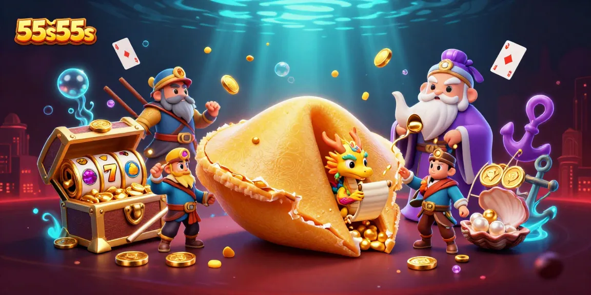 Participate in thrilling gambling with 55s55s, featuring a vibrant scene of a golden fortune cookie and slot reels.
