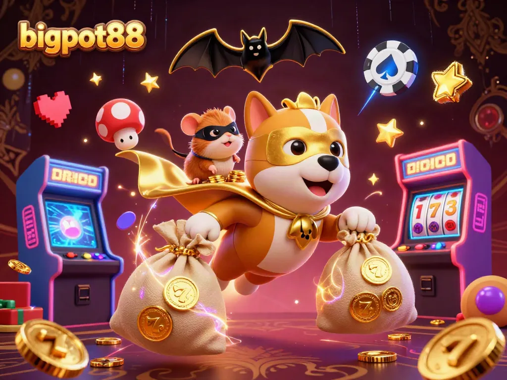 bigpot88 menyajikan ilustrasi kasino dinamis dengan anjing superhero dan hamster, penuh warna dan elemen menarik.