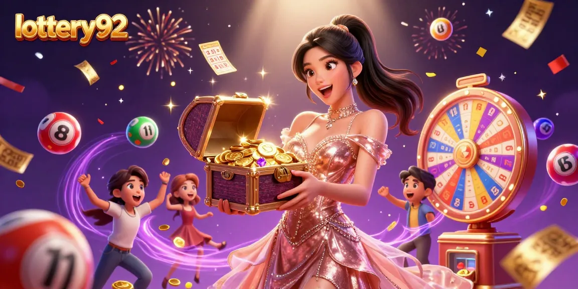 Engage with lottery92 as a joyful Asian woman showcases her overflowing treasure chest of winnings.