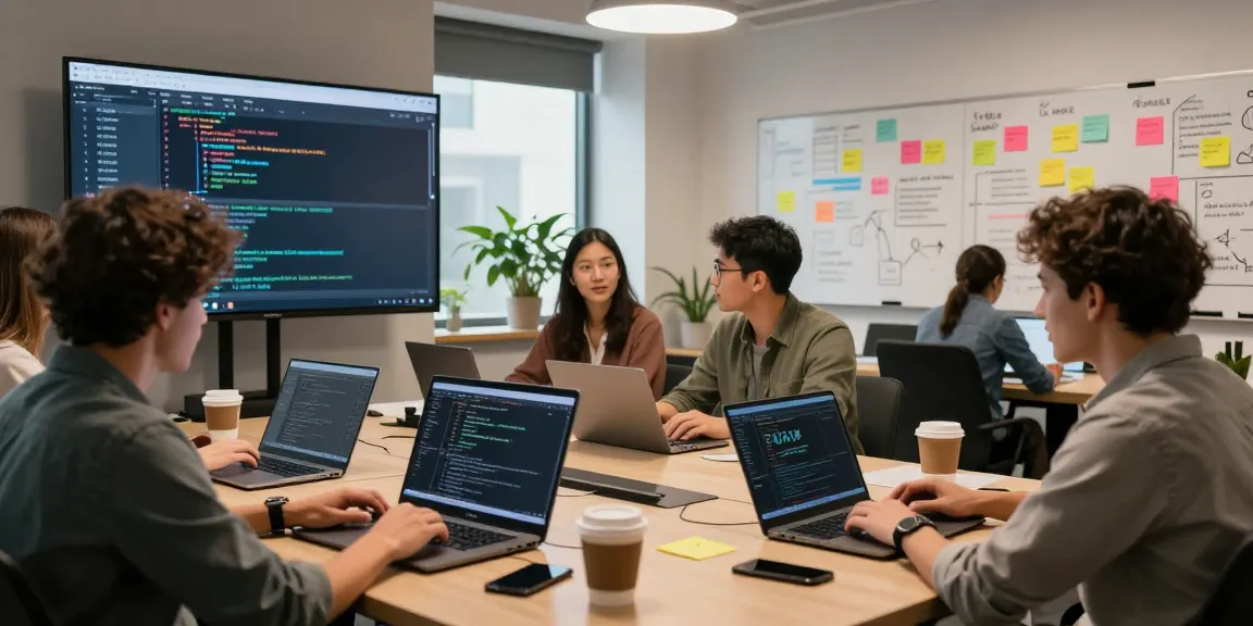 Developers collaborating on the 纸飞机中文版 software project in a modern workspace.