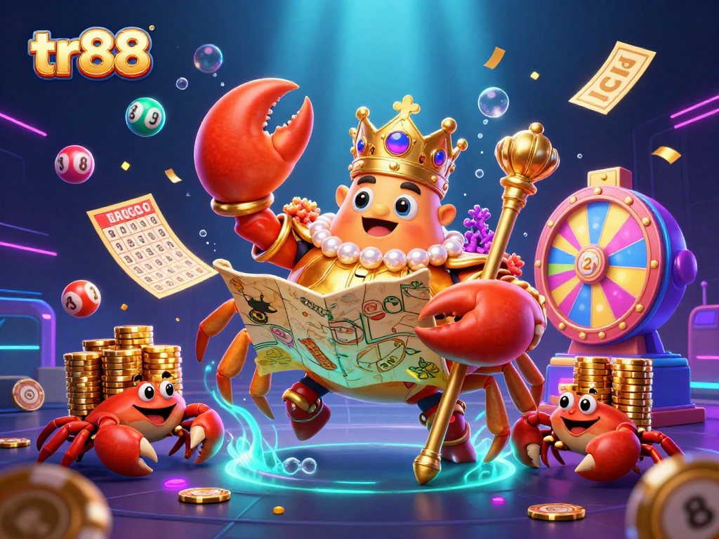 Engage with tr88's colorful gambling experience featuring a lively golden crab emperor and dynamic lottery elements.