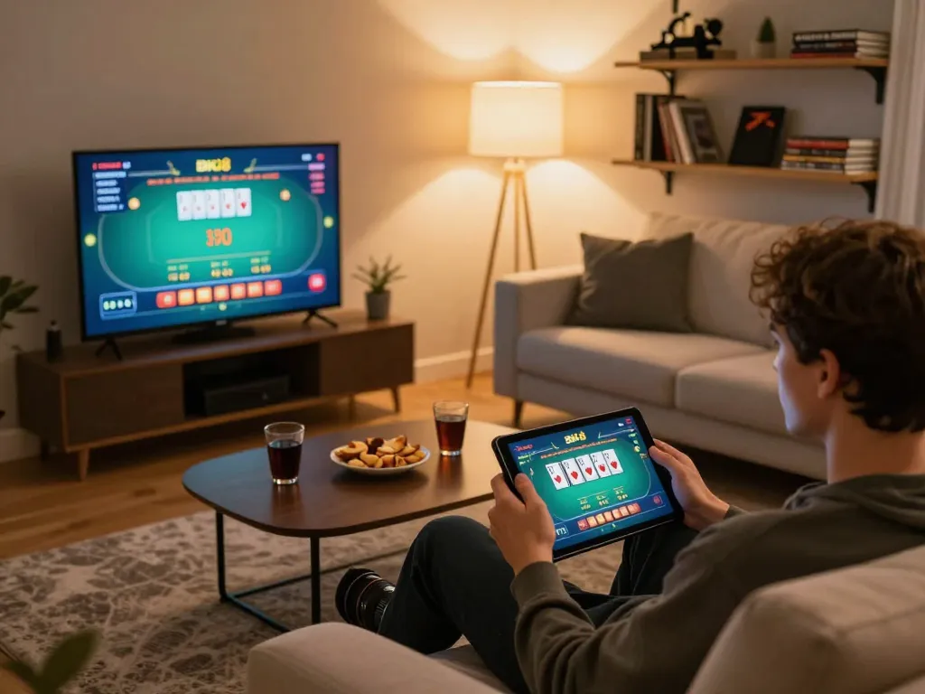 Player engaging in an online BK8 casino game from a cozy home setup, showcasing a strategic gaming session