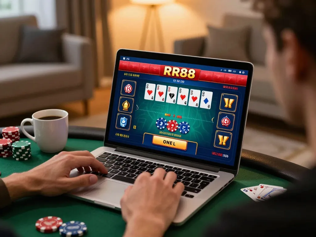 Player engaging in online casino gameplay at RR88, showcasing poker interface and strategy notes
