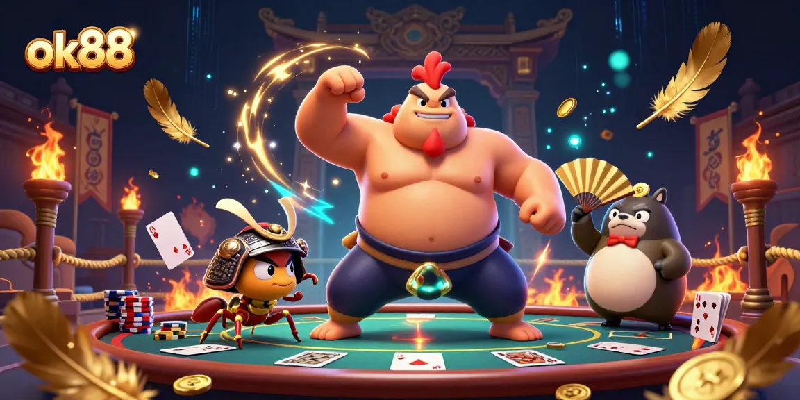 Engage in thrilling gameplay with ok88 featuring a powerful sumo wrestler and samurai cricket in a vibrant casino setting.