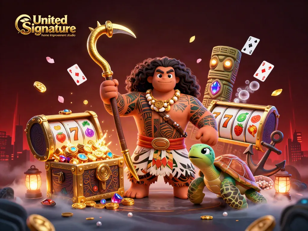 Experience thrilling wins at United Signature home improvement studio with captivating slot scenes and vibrant characters!