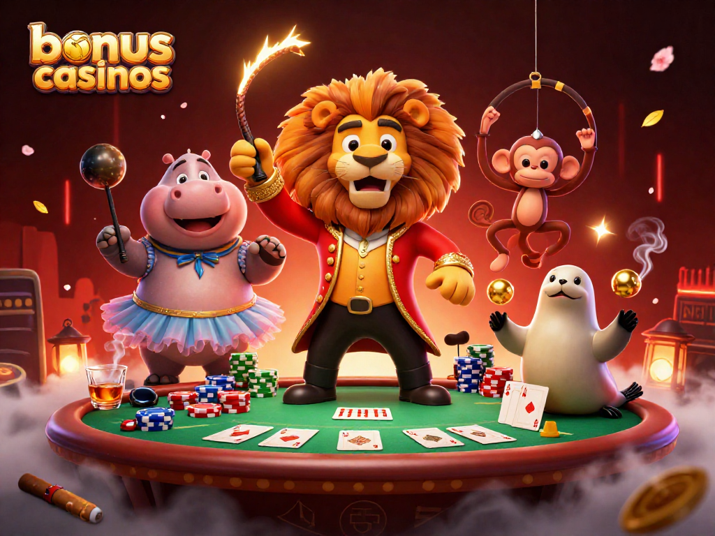 Engage with bonus buy casinos featuring vibrant 3D circus characters and immersive casino elements.