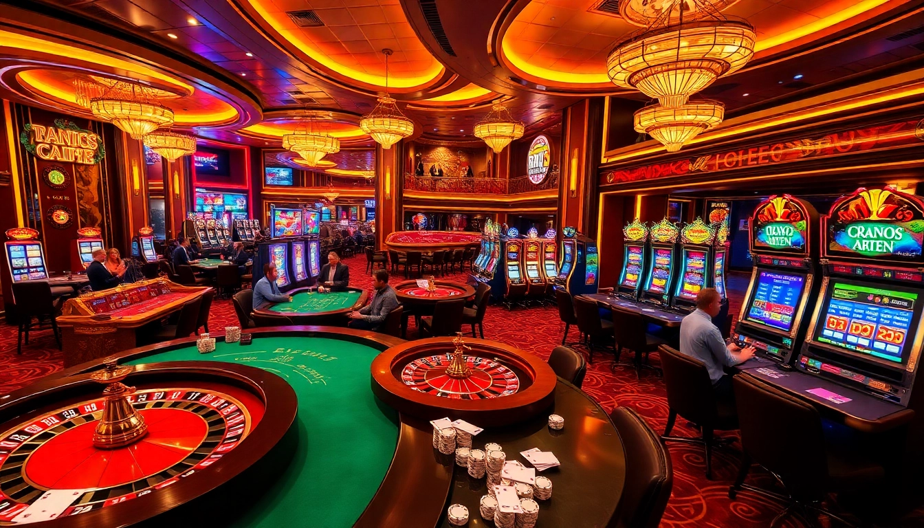 A thrilling casino scene at https://lc88.supply/ showcasing bustling tables, slot machines, and engaged gamblers.