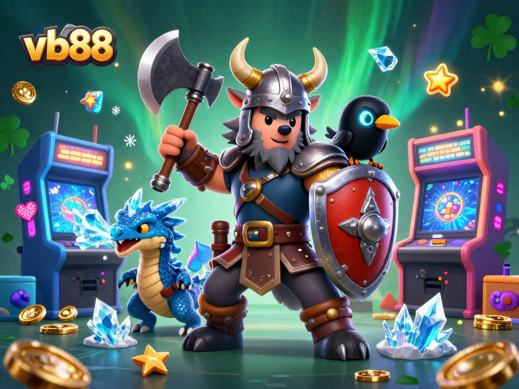 Join the excitement at vb88 with a vibrant scene featuring a Viking wolf warrior, fierce dragon, and glowing games.