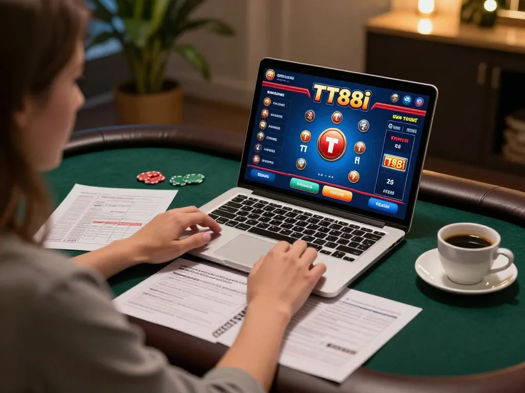 Engaging online gaming session at TT88i, person studying strategies while enjoying a casino game.