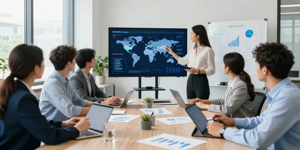 Team discussing global insurance news today in a modern office.