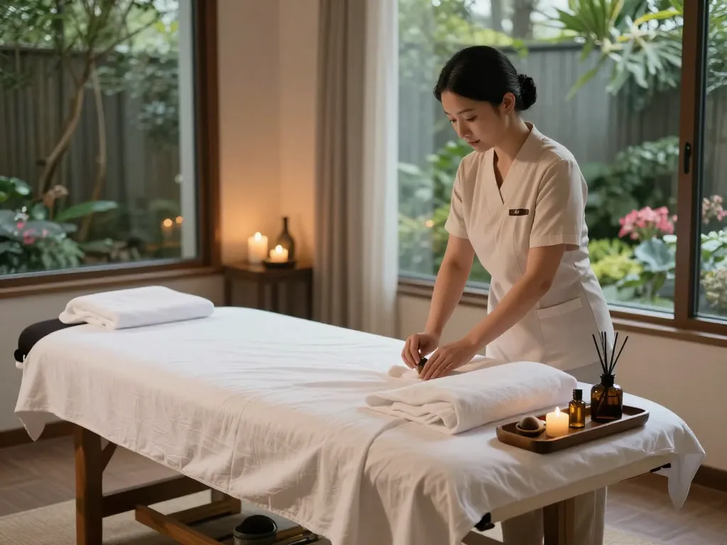 강남마사지 therapy session in a serene spa room with calming decor.