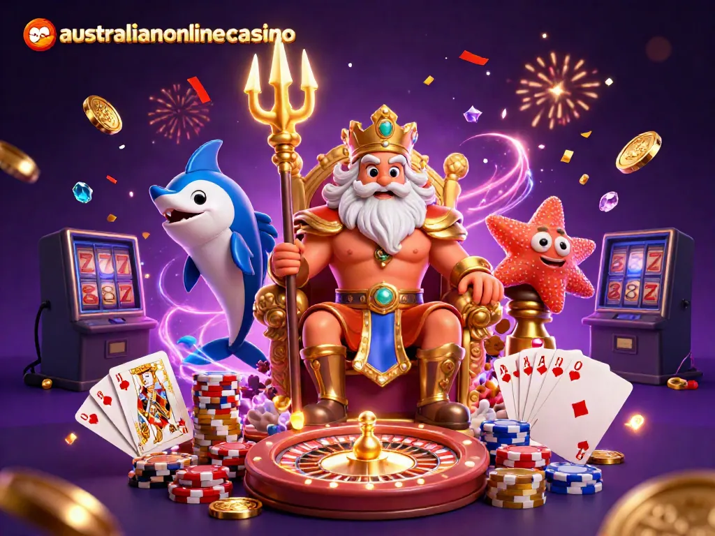 Experience the excitement at australianonlinecasino with a vibrant, dynamic casino illustration featuring thrilling game elements.