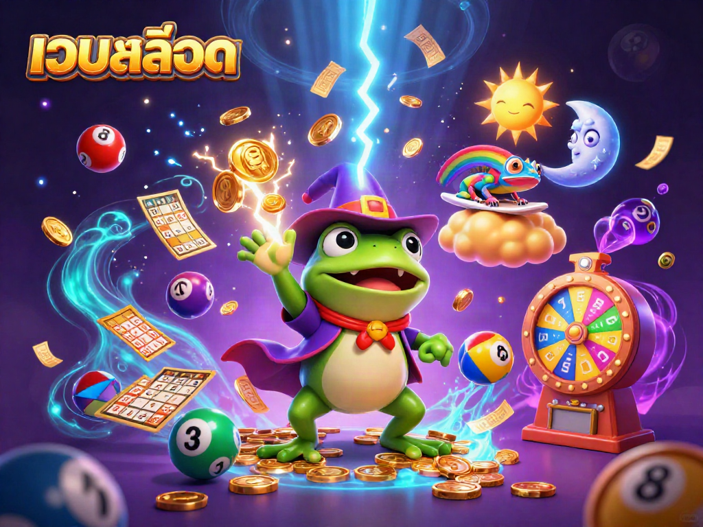 Win big with เว็บสล็อต as the weather wizard frog conjures golden coins in this vibrant casino scene.