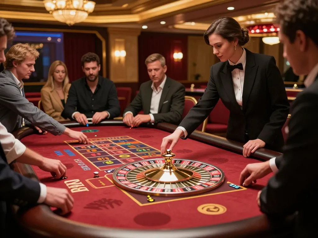 Experience the excitement of bk8 at a roulette table with players eagerly placing bets in a vibrant casino atmosphere.