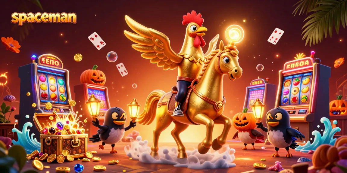 Experience the thrill of the spaceman slot game as a golden rooster character navigates a dynamic casino scene.