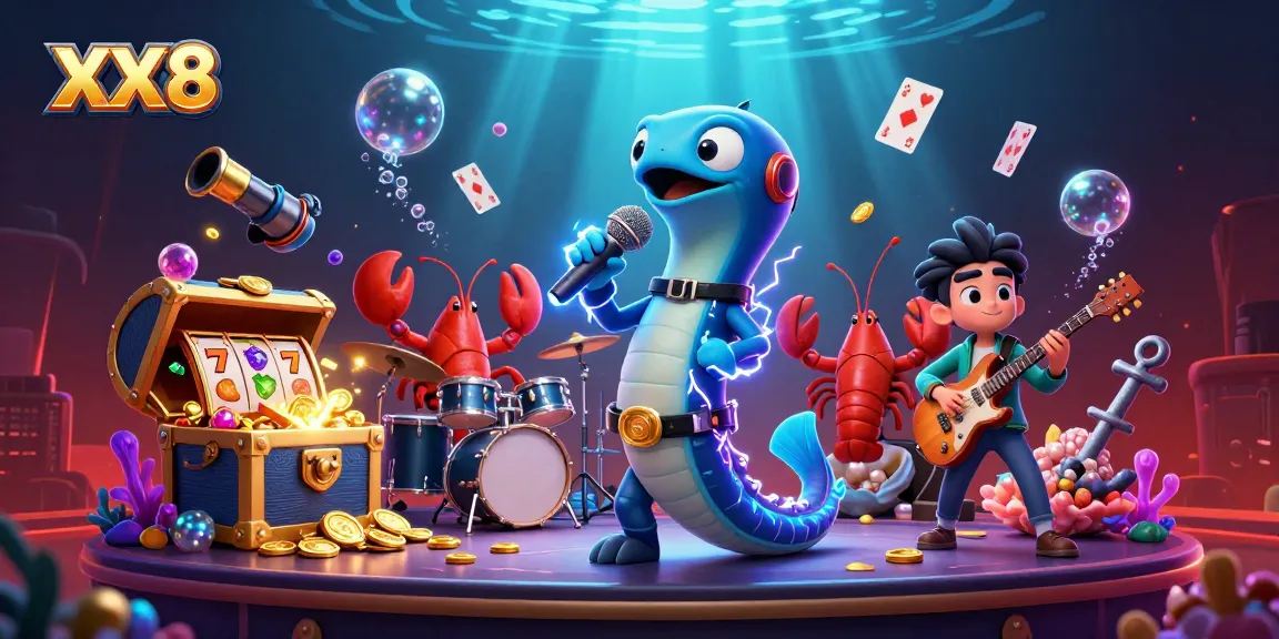 Experience thrilling undersea action with XX8 as electric eel and band perform on a dynamic casino stage.