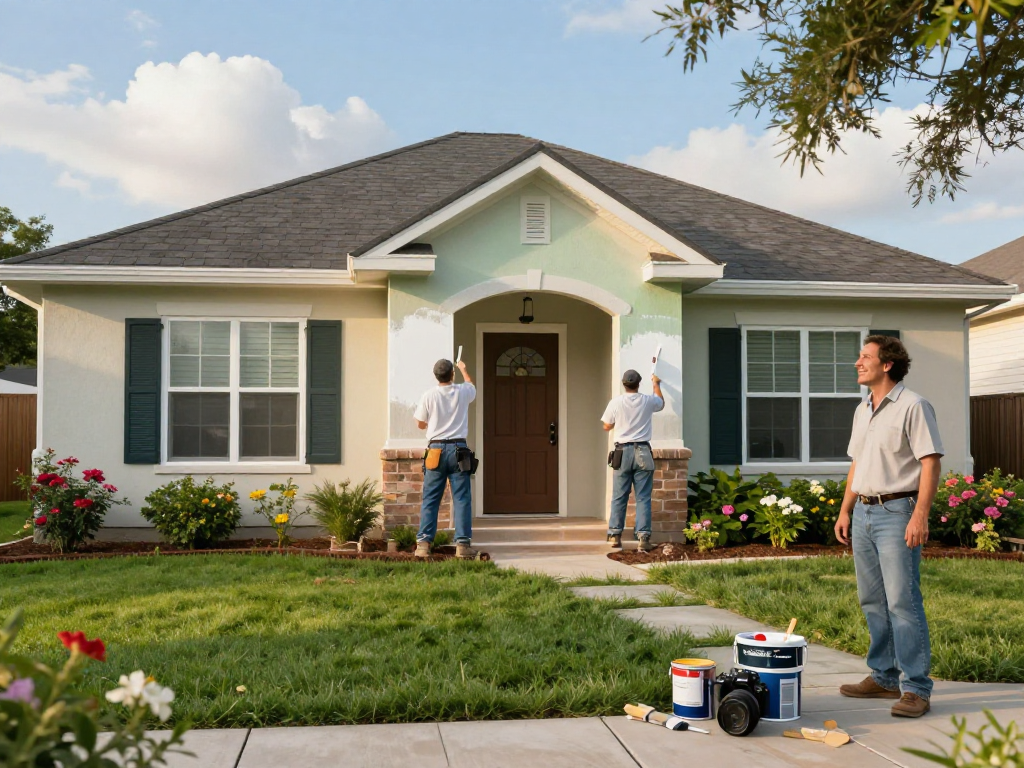 Home Painting Company crew painting a vibrant Texas residence, showcasing professional craftsmanship.