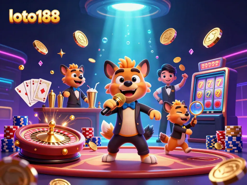Engage in the vibrant loto188 casino experience with lively hyena characters in a colorful scene.