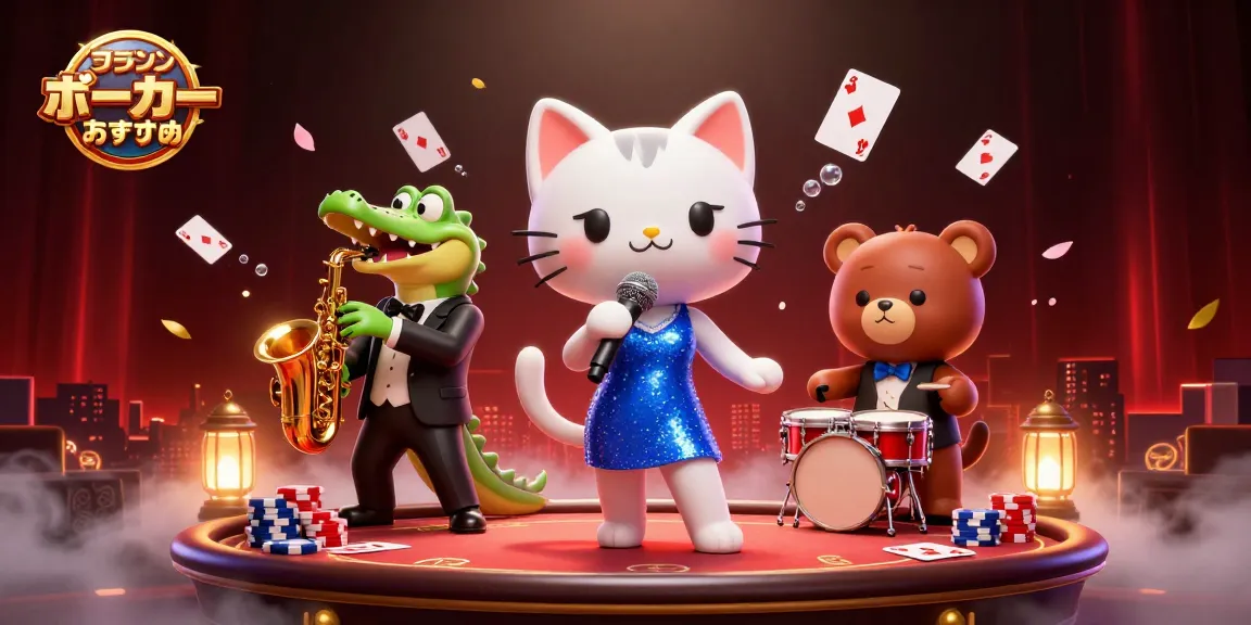 オンラインポーカー おすすめの手札を持つキャラクターたちが活躍している賑やかなシーン