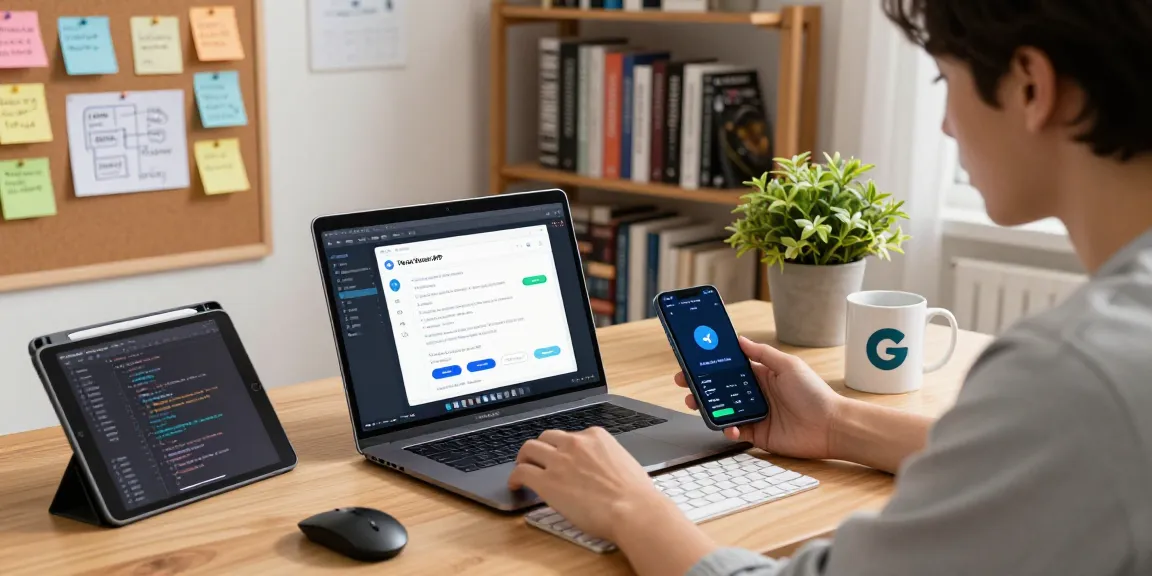 Developing the telegram china apk in a modern workspace with tech gadgets.
