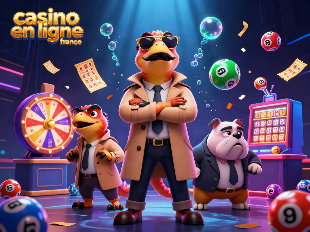 Illustration dynamique mettant en avant casino en ligne france avec des raptors déguisés entrant dans une salle de jeux VIP.