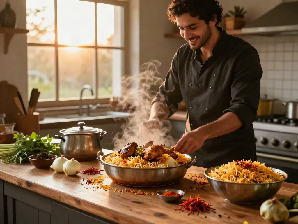 Quick and Easy Recipe for biryani being prepared in a cozy kitchen with colorful spices and ingredients.
