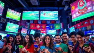 Bettors enjoying sports betting in Mexico in a vibrant, lively atmosphere with cheering and engaging screens.