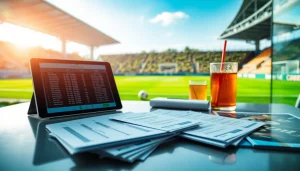 Engaging scene showcasing the best sports betting sites in Brazil with a tablet and betting slips against a soccer field backdrop.