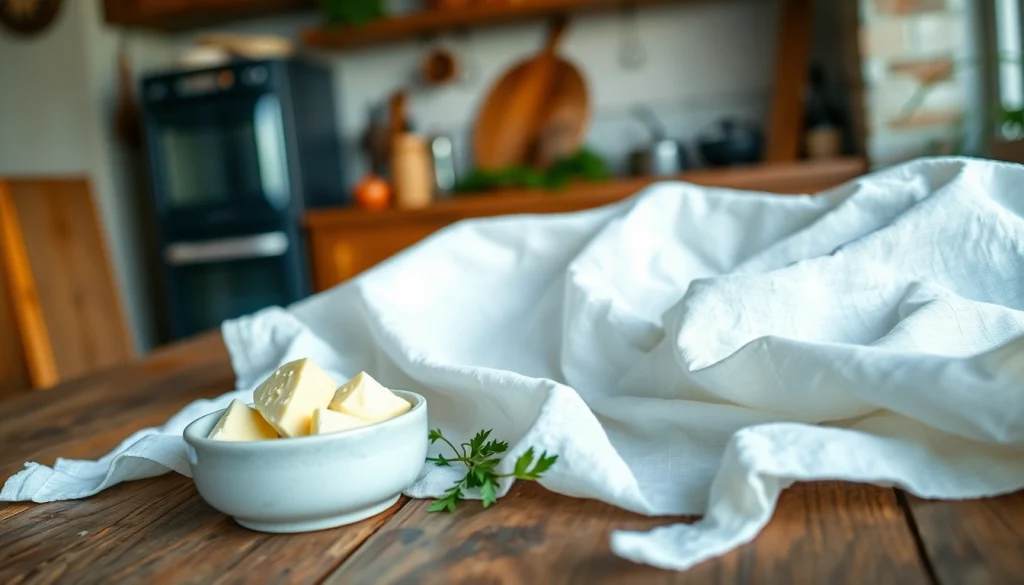 Kaasdoek met vers gemaakte kaas en kruiden op een rustieke houten tafel.