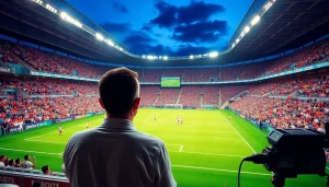 해외축구중계 시청하는 팬들과 방송하는 기자의 모습