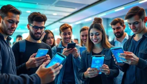 Engaged users exploring a crypto mining app on their smartphones in a tech-savvy environment.