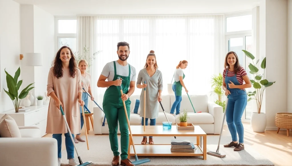 Cleaning Service team professionally tidying a modern home interior with smiles.