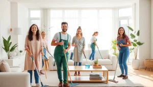 Cleaning Service team professionally tidying a modern home interior with smiles.