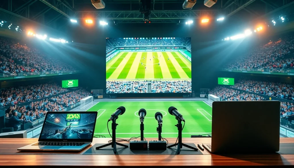 축구중계하는 전문 방송 세트와 흥미진진한 경기 화면이 보입니다.