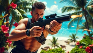 Action scene from Aloha and Bullets featuring a skilled assassin in a Hawaiian landscape