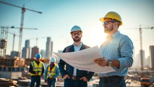 Manhattan Construction Manager collaborating on-site with a construction team amidst a bustling skyline.