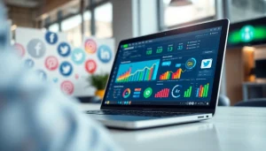 Analyze social media metrics using an smm reseller panel interface on a sleek laptop.