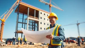 New Jersey Construction Manager directing a construction site with blueprints in hand.