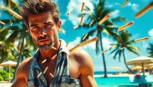 Action scene from Aloha and Bullets featuring Leroy Silver amidst Hawaiian chaos.