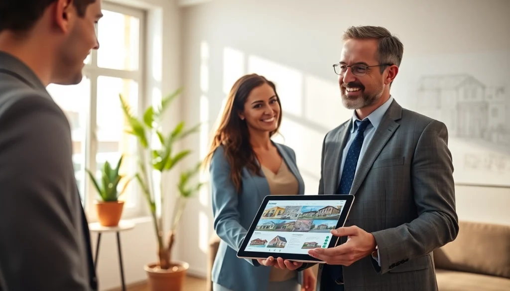 Real Estate agent engages with clients in a modern office setting, showcasing listings on a tablet.