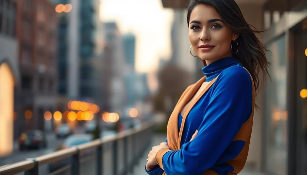 A woman showcases elegance and style in Rivelle fashion against a chic urban backdrop.