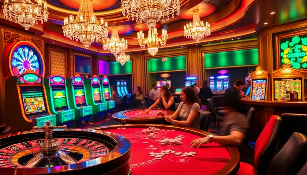 Experience the thrill of winning at 23win in a vibrant casino atmosphere with excited players and colorful games.