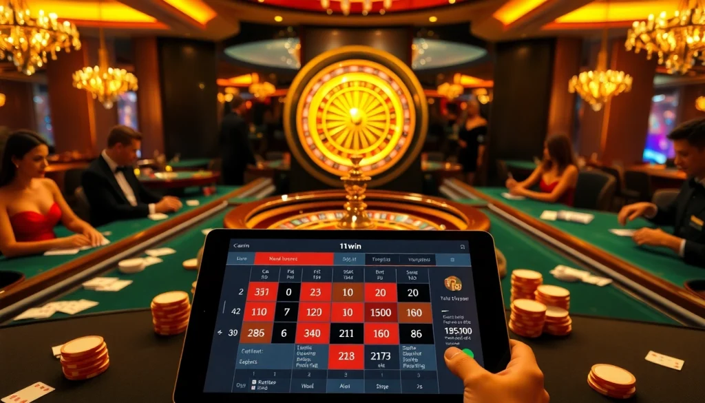 Players enjoying an exciting game at 11win casino, with vibrant roulette and poker elements.