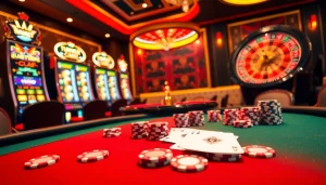 Visually engaging scene depicting a poker table and slot machines, showcasing the excitement of 667bet Login.