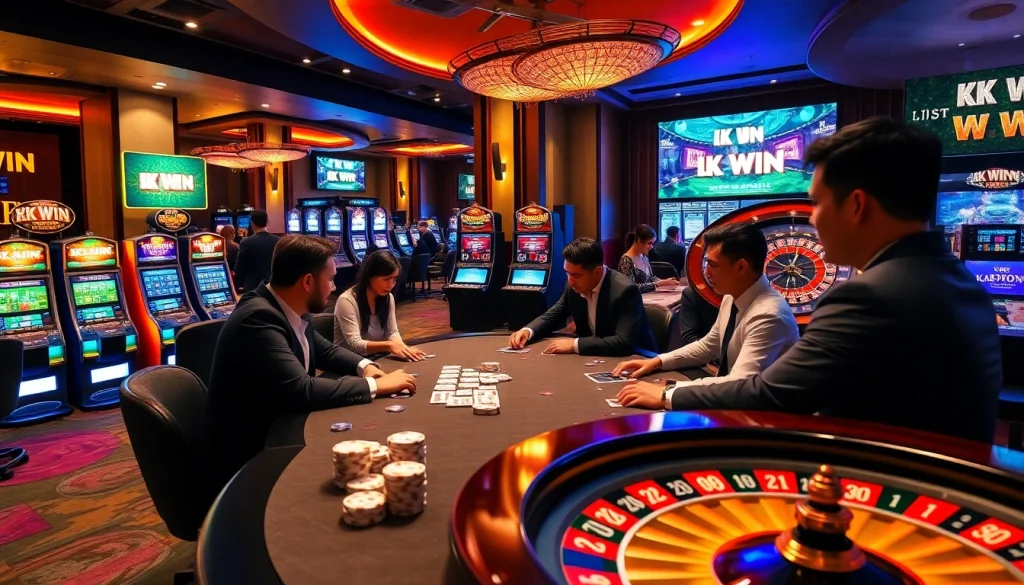 Players enjoying a thrilling game at KK WIN casino with vibrant slot machines in the backdrop.
