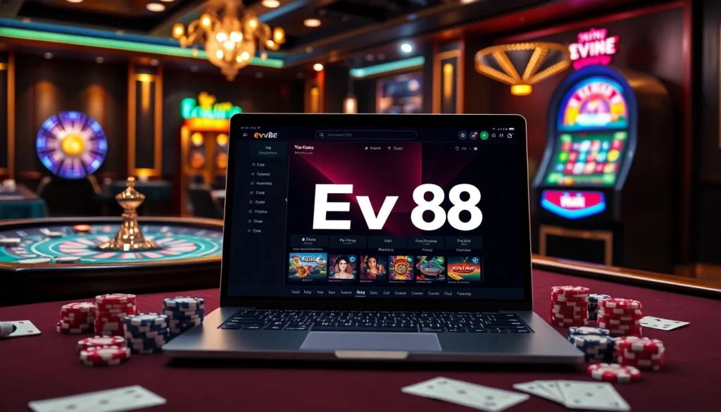 Experience luxury gaming at ev88 with vibrant casino visuals, including tables, chips, and a roulette wheel.