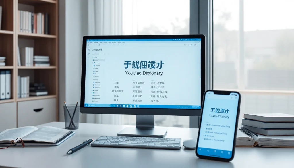 Youdao Dictionary interface in a modern workspace with a notebook and smartphone, depicting language learning.