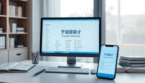 Youdao Dictionary interface in a modern workspace with a notebook and smartphone, depicting language learning.